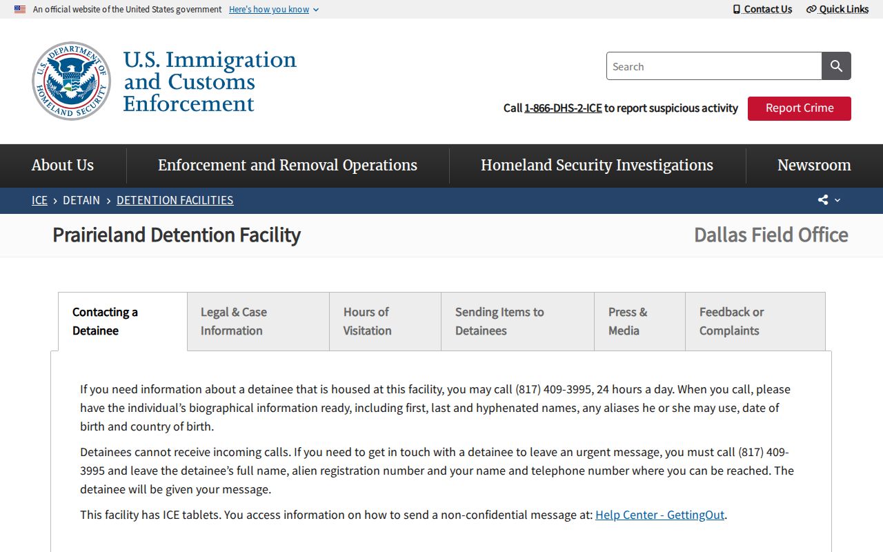Prairieland Detention Facility ICE release contact source