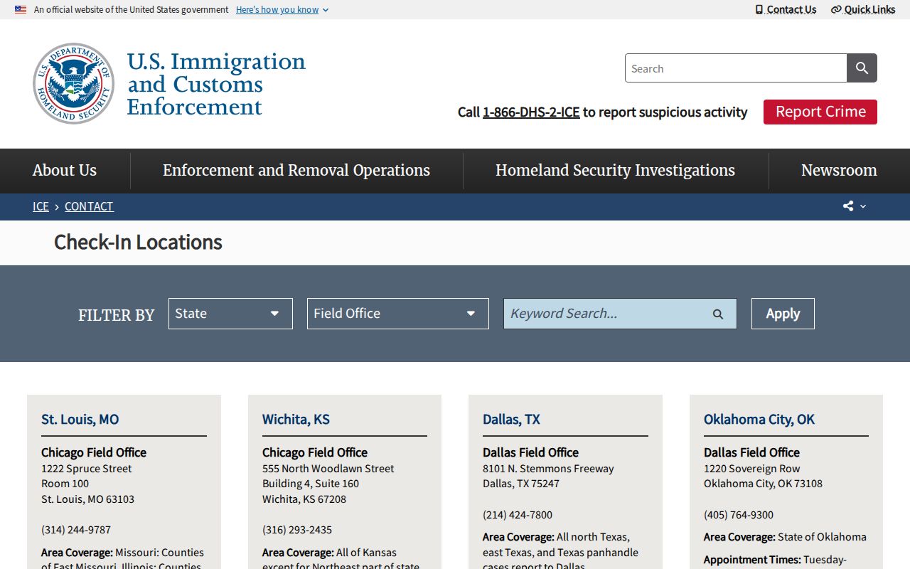 Dallas ICE Field Office release status contact listing