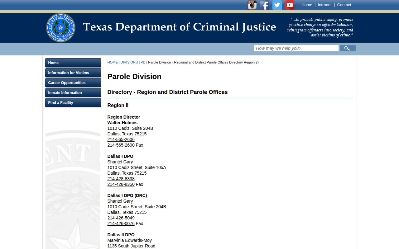 Dallas County post-release supervision Region II parole office directory