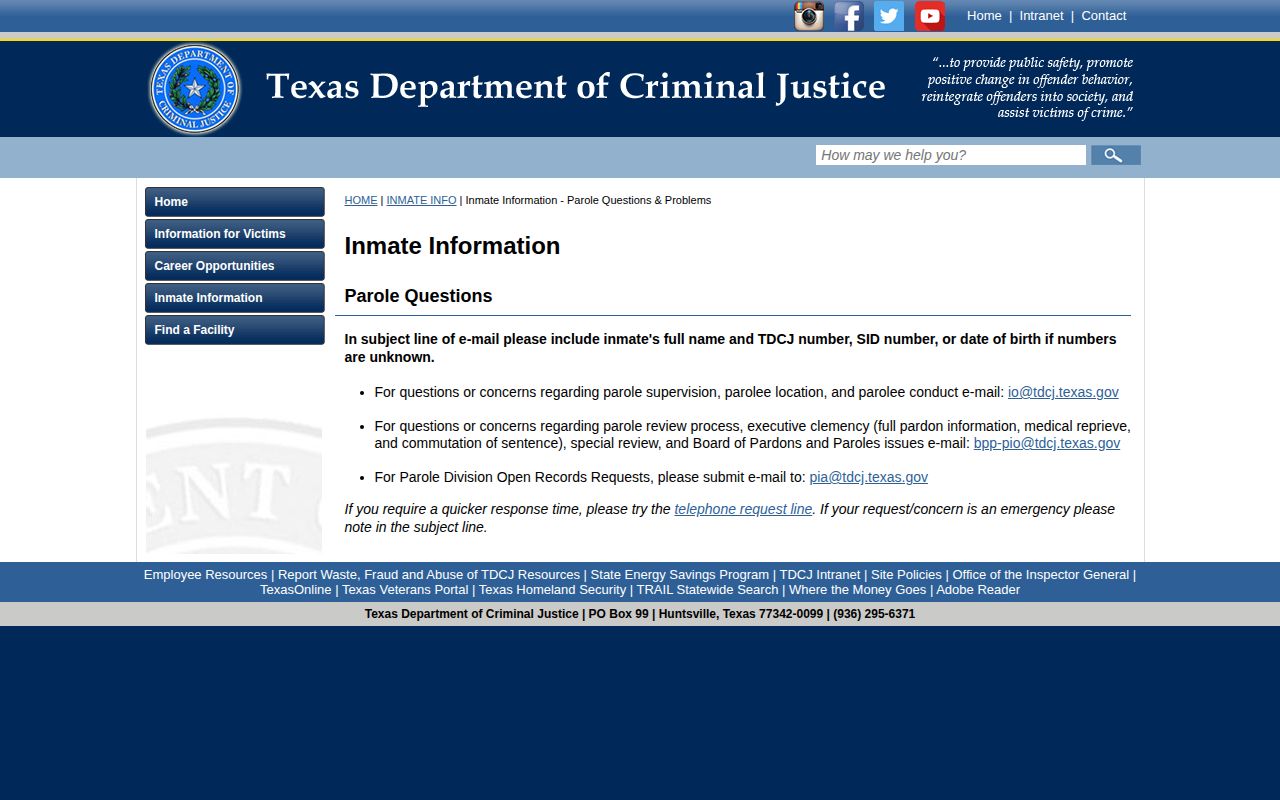 Dallas County TDCJ projected release date and parole status contact