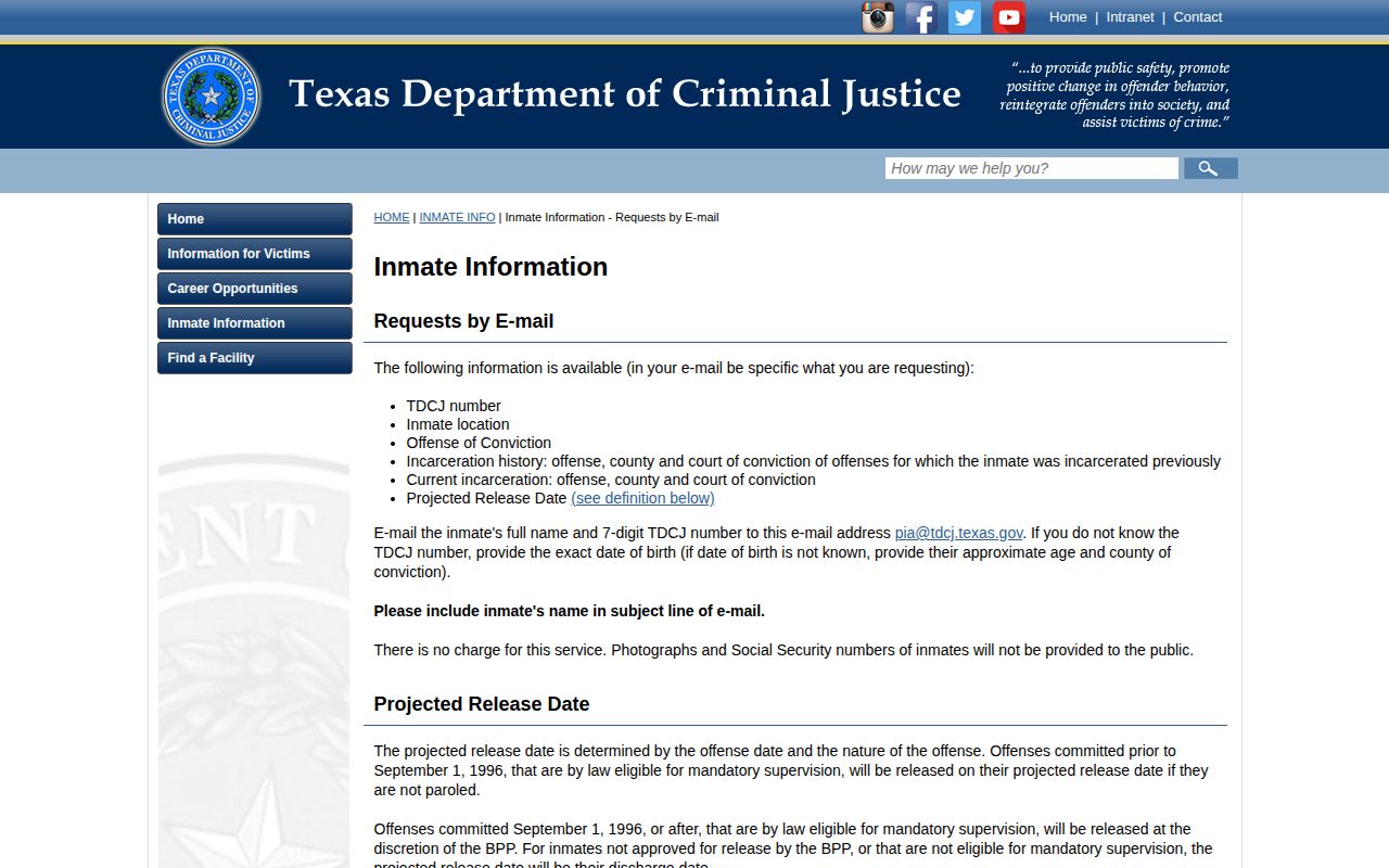 Dallas County TDCJ projected release date email information field